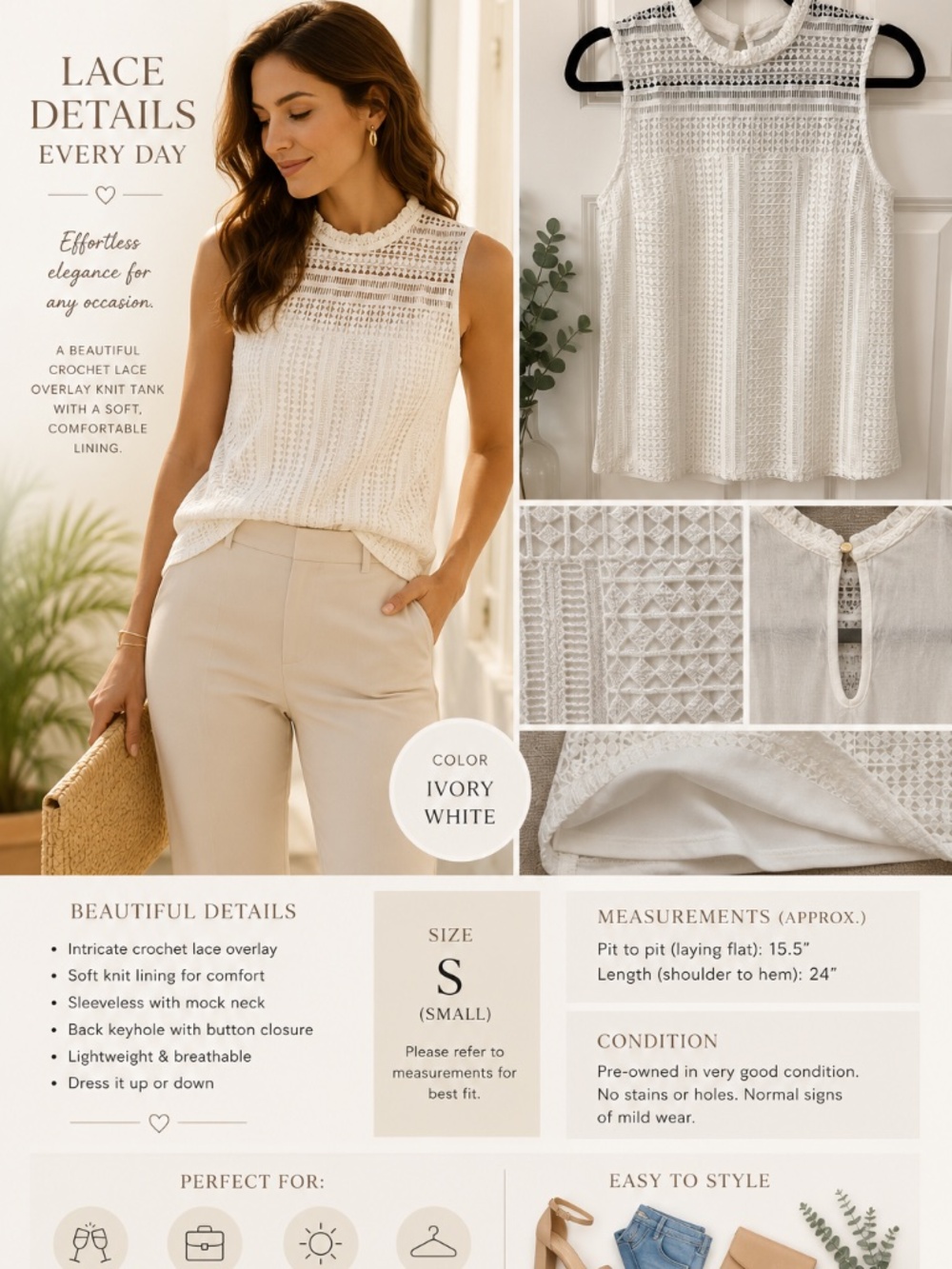 H&M Ivory Lace Overlay Tank Top Size S | Mock Neck Sleeveless Boho Chic